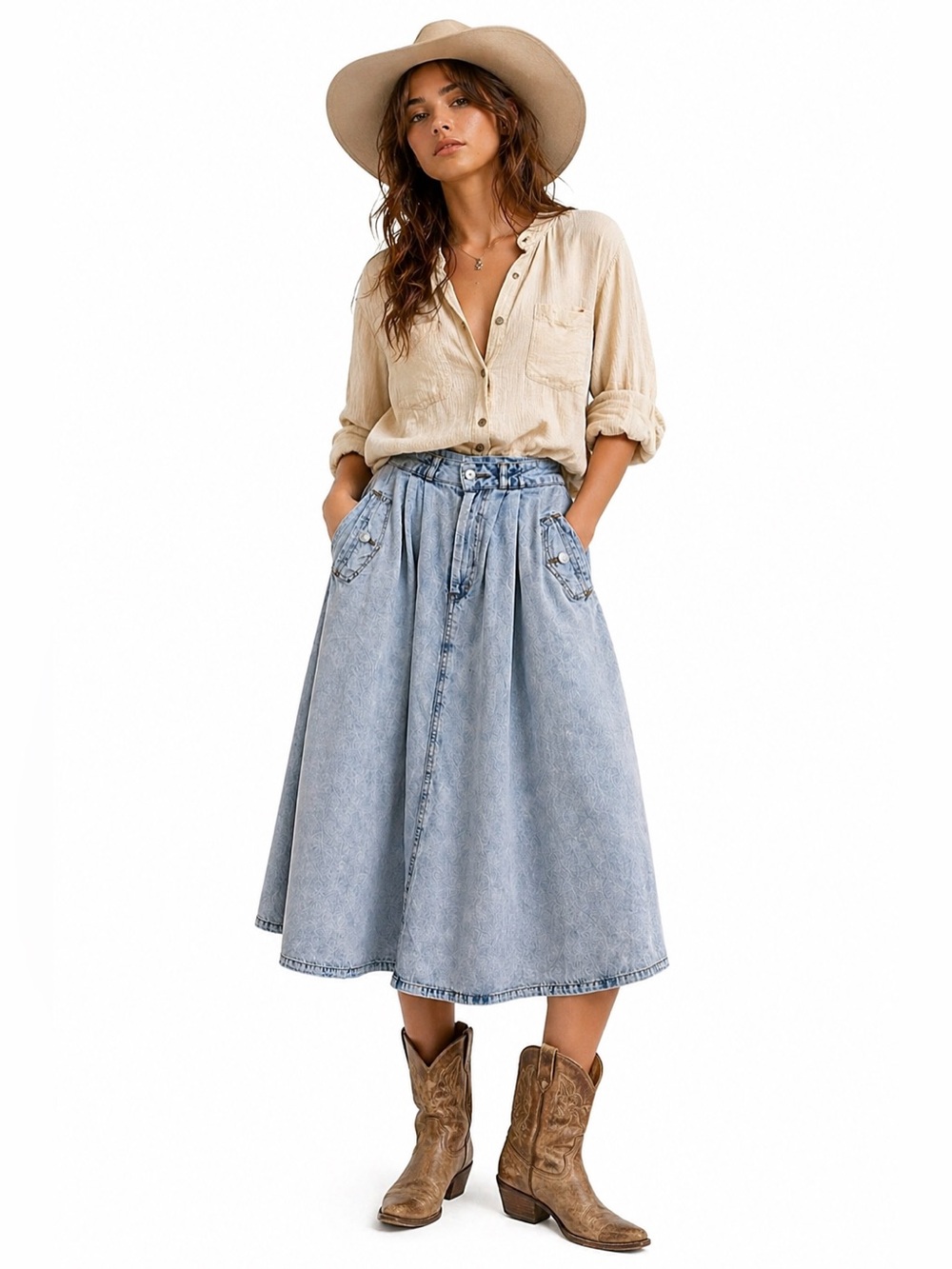 Western 90s Grunge Denim Midi Skirt Vintage Jordache High Waist Acid Wash Sz 16